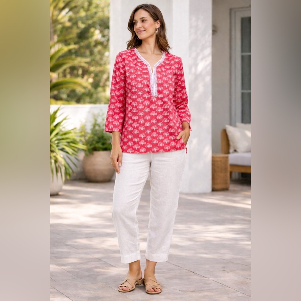 Talbots pink & white lace neck tunic top